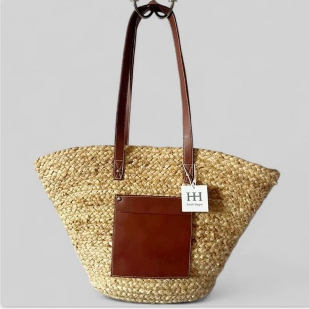 Anthropologie Haute Hippie Straw Woven Raffia Tan Brown Leather Pocket Tote Bag